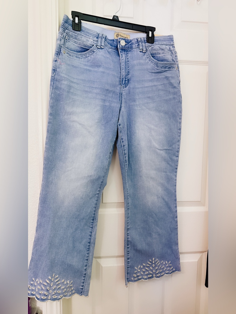 Democracy Light Blue Flared Jeans with Embroidered Hem